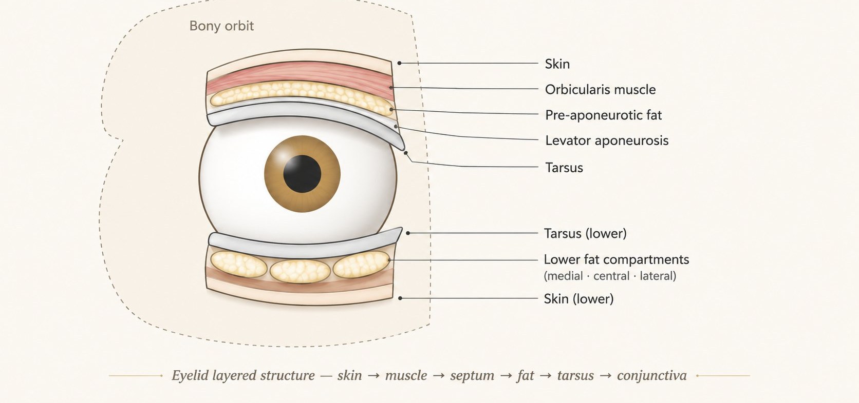 Eyelid anatomy showing skin, orbicularis muscle, pre-aponeurotic fat, levator aponeurosis, tarsus and lower fat compartments within the bony orbit